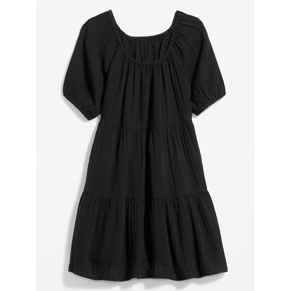 Cottagecore Black Tiered Gauze Boho Mini Dress Short Puff Sleeve LBD Small